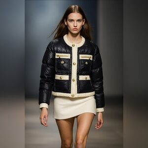 Y2k Twisted Heart Black White Trim Puffer Jacket Gold Button Zip Pockets